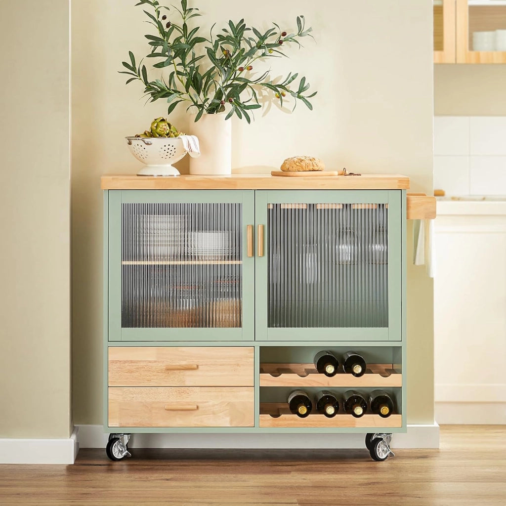 Carrello da Cucina con Ruote Isola Cucina con Piano di Lavoro in Legno Carrello Salvaspazio per Sala da Pranzo Verde e Naturale 109 × 40 × 92 cm FKW114-GR