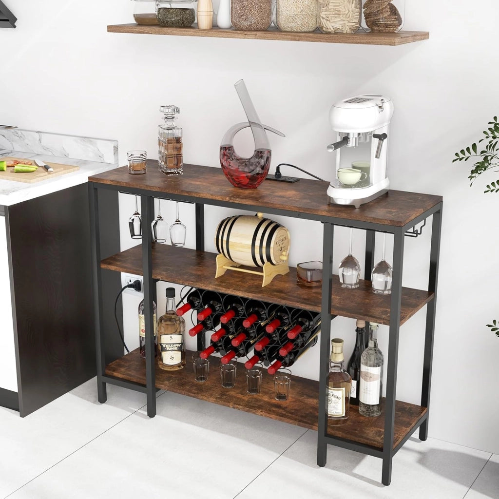 Mobile Bar Vino, Portabottiglie Industriale con 3 Ripiani, Porta Calici, Porte USB e Prese, Mobile Portabottiglie di Vino con Struttura in Metallo, 113 x 35 x 85 cm (Marrone)