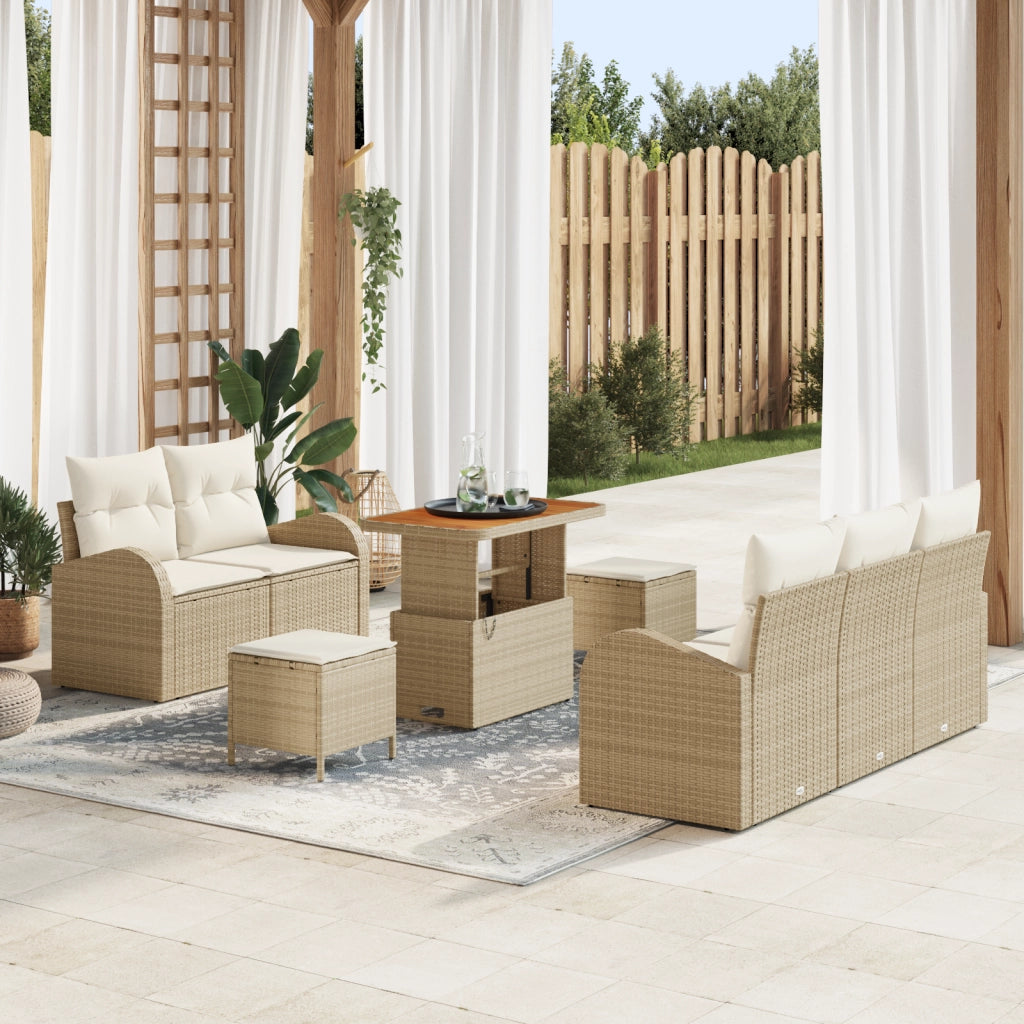 Set Divano da Giardino  8 Pezzi con Cuscini Beige Polyrattan Acacia