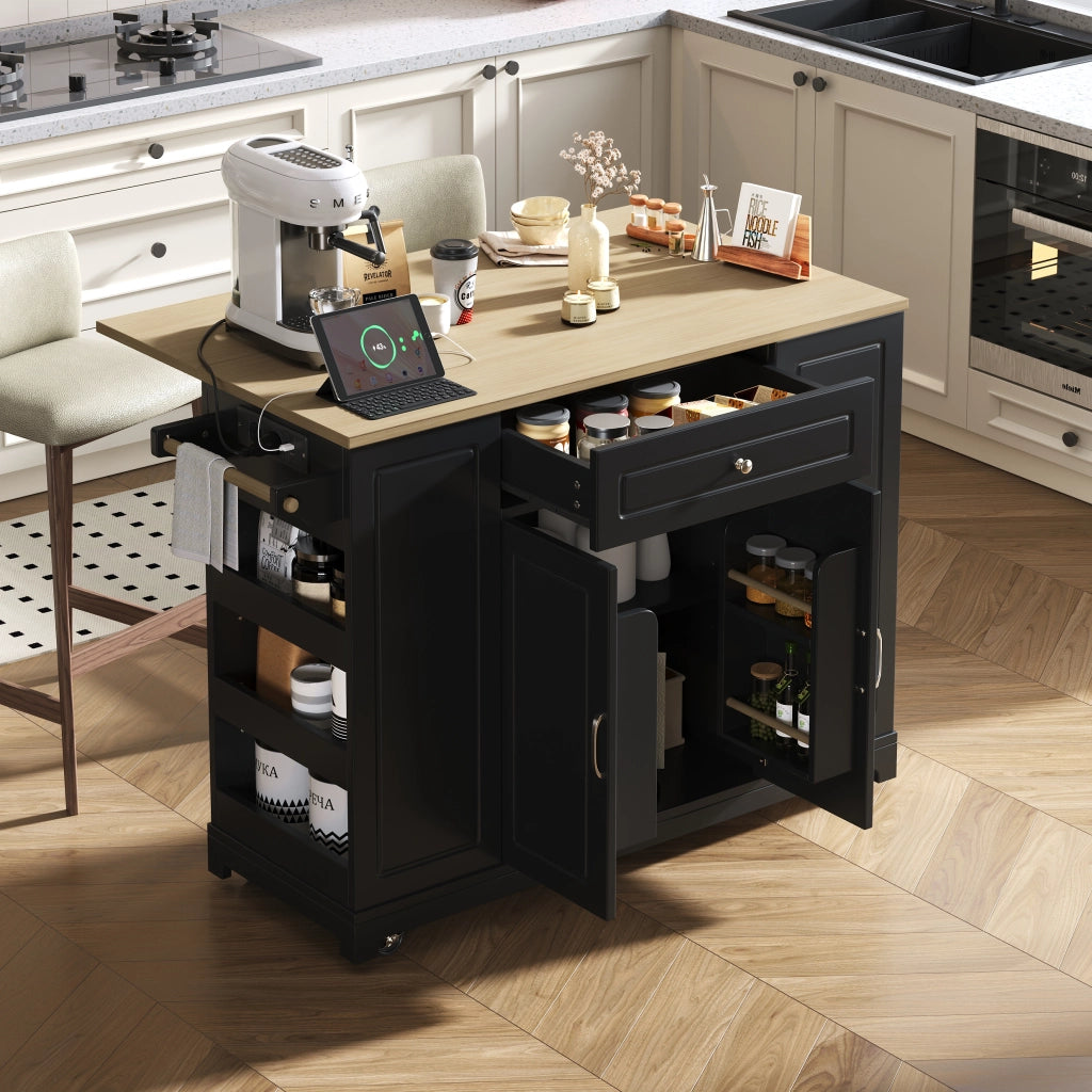 Isola da Cucina con 2 Ante; Ripiani Regolabili; Piano Pieghevole; Prese e Ruote; Cucina 131.8x40-70x93.3 cm