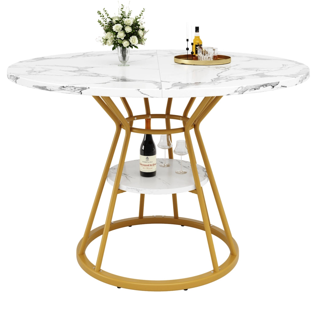 Tavolo da pranzo rotondo 100 cm con piano effetto marmo; MDF e metallo; oro