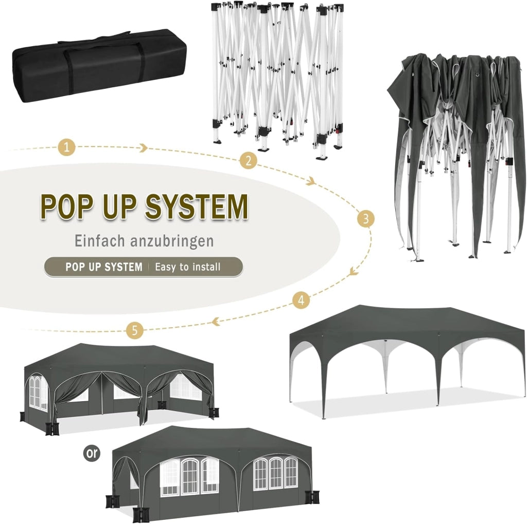 Gazebo Pieghevole da Giardino, Gazebo Idrorepellente Pop Up da 3x6m con Pannelli Laterali, Tendone da Esterno, Altezza Regolabile,Set di 4 Sacchi di Sabbia,con Custodia Grigio