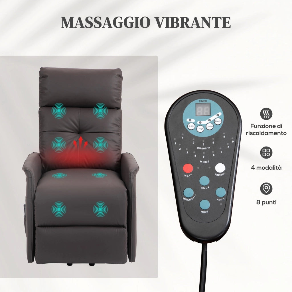 Poltrona Alzapersona Reclinabile 1 Motore con 8 Punti Massaggio 67x89x102 cm Riscaldamento e 2 Telecomandi Marrone