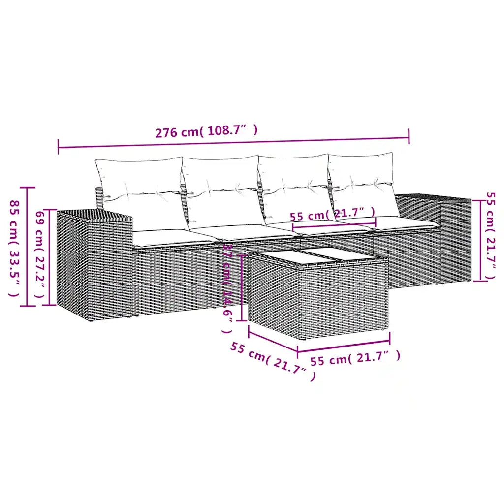 Set Divano da Giardino 5 pz con Cuscini-Sofa da Giardino-Divanetto da esterno Marrone in Polyrattan 918686