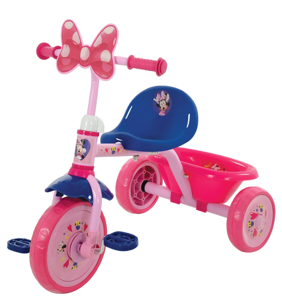 Triciclo a Pedali Primi Passi per Bambini con Maniglione Genitoriale Rimovibile e Vano Contenitore Disney Minnie Rosa