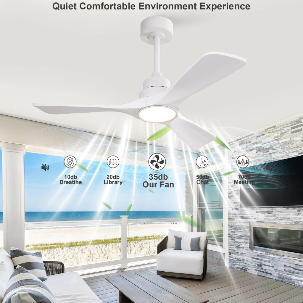 Ventilatore da soffitto bianco puro 42 pollici, 3 pale ad elica rinforzate in legno massello, motore DC reversibile silenzioso, design moderno
