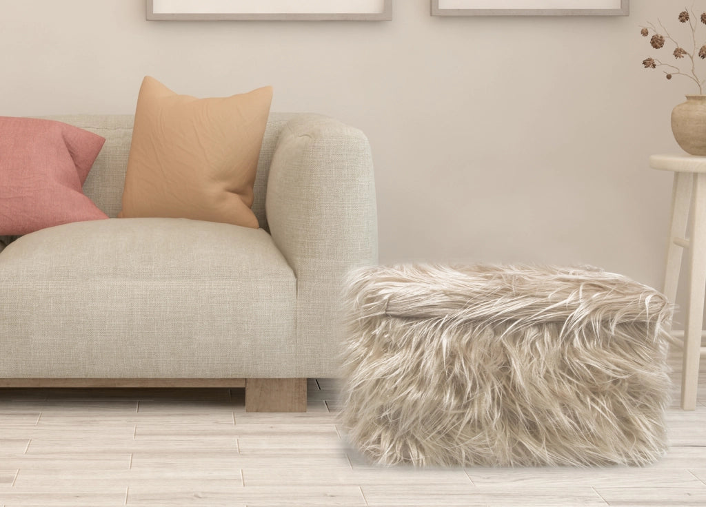 Pouf Contenitore Salotto/Camera Quadrato Con Pelo Modello Double Yeti In Tinta Unita - Pouf - Tortora