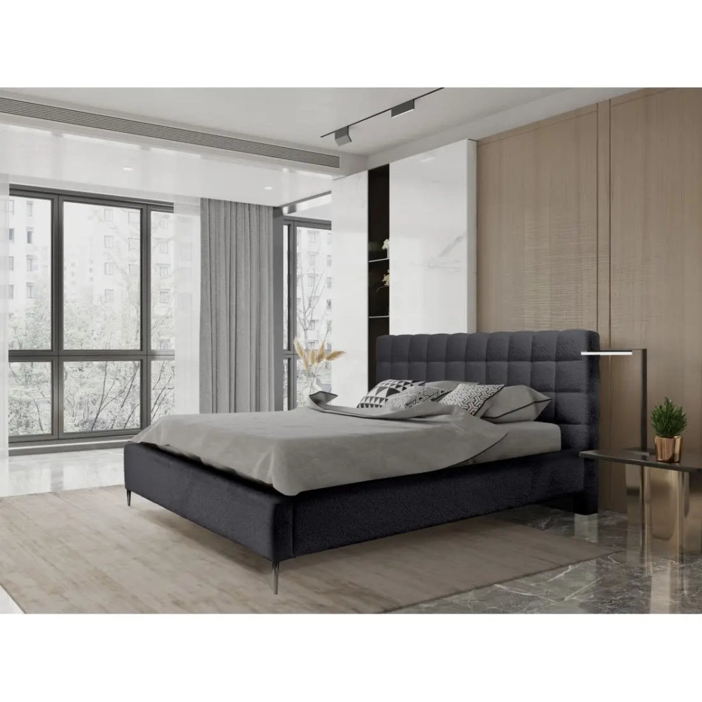 Letto MILLIO – Nero – 140x200 cm – Tessuto bouclé in ciniglia – Rete inclusa – Comfort da hotel 5 stelle