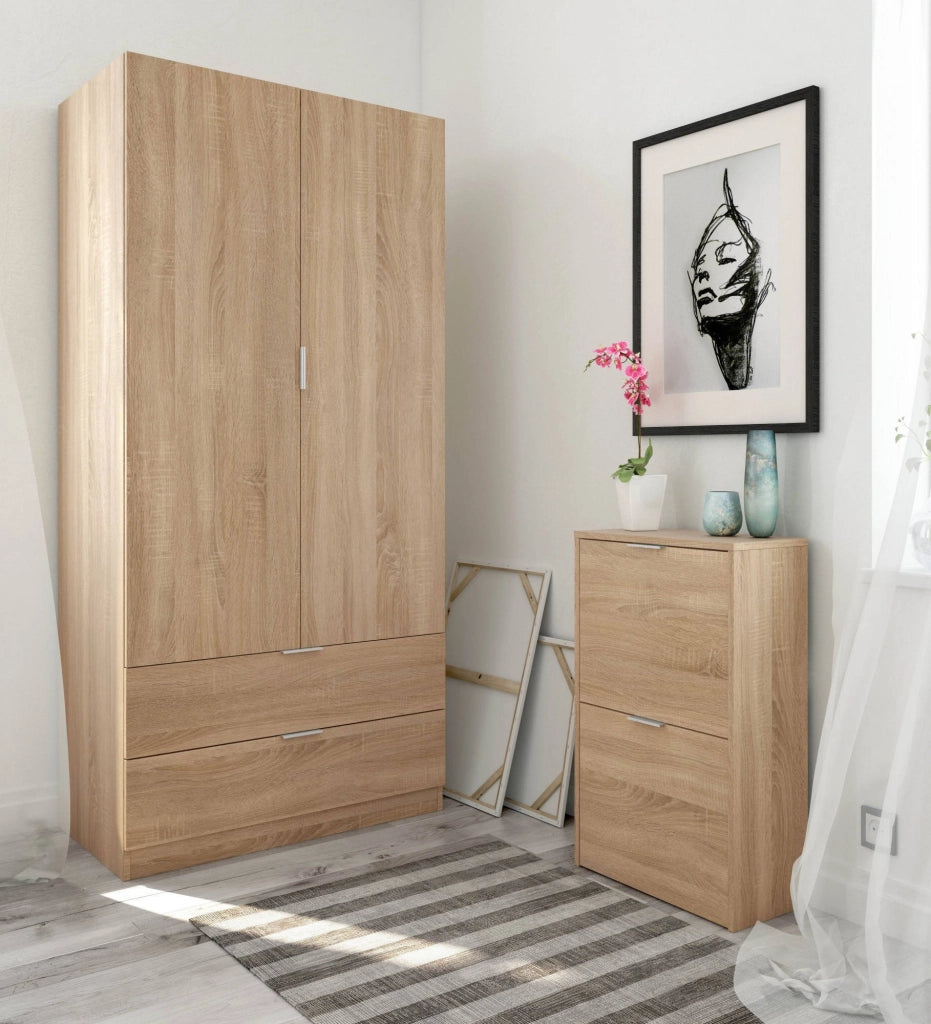 Guardaroba Appadu, Armadio per camera da letto a 2 ante e 2 cassetti, Mobile per camera da letto con barra appendiabiti, cm 81x52h180, Rovere