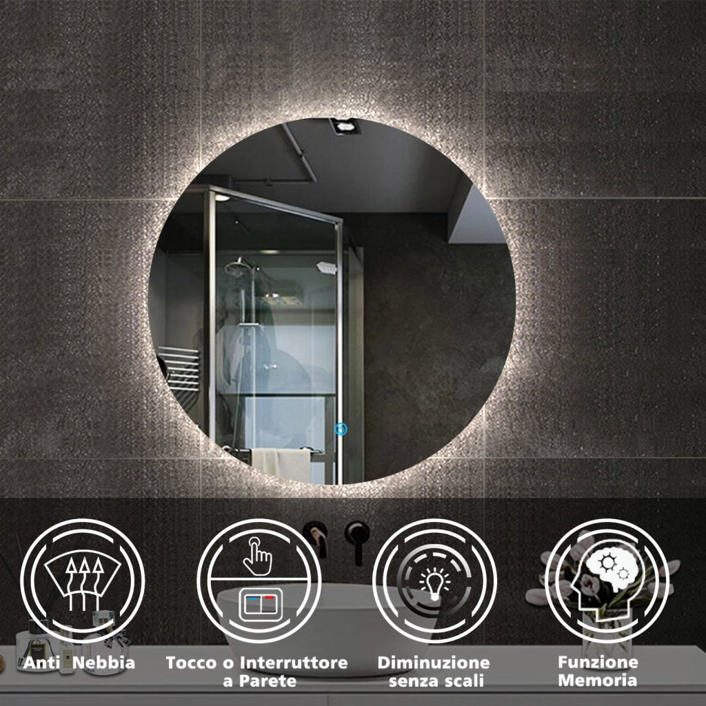 Aica Specchio da bagno a LED + Diametro 60cm + Disappannamento + Funzione Memoria + Estetica Elegante