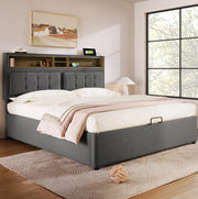 Letto matrimoniale imbottito 140x200 cm con testiera regolabile; USB e prese; grigio