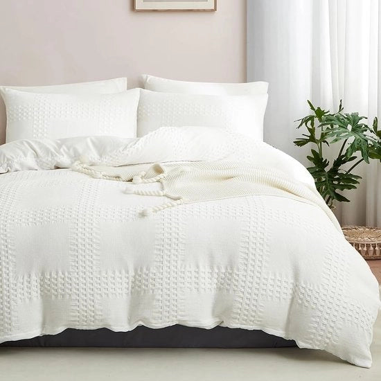 Set di lenzuola, piqué a righelli, 135 x 200 cm, bianco liscio, 2 pezzi, microfibra, moderno, disegno a righelli, con cuscino 80 x 80 cm, chiusura a cordone