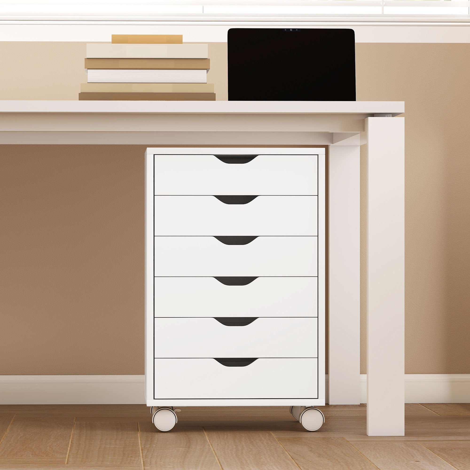 Cassettiera da Ufficio a 6 Cassetti 40x35x63 cm con 4 Ruote e Blocco Bianco