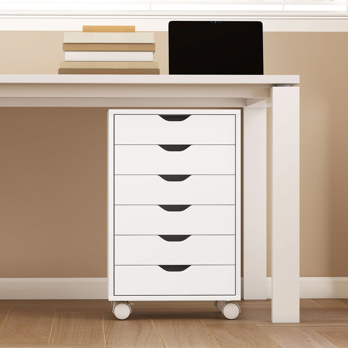 Cassettiera da Ufficio a 6 Cassetti 40x35x63 cm con 4 Ruote e Blocco Bianco