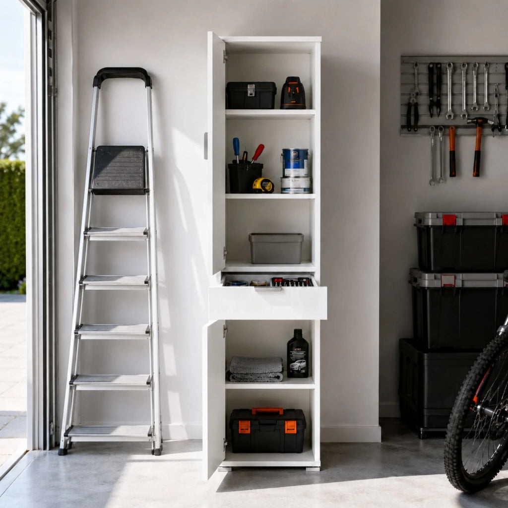 Armadio Colonna 2 Ante con Cassetto Bianco Già Montato | Mobile Multiuso Salvaspazio con Ripiani Regolabili | Armadietto Alto per Bagno, Cucina e Lavanderia