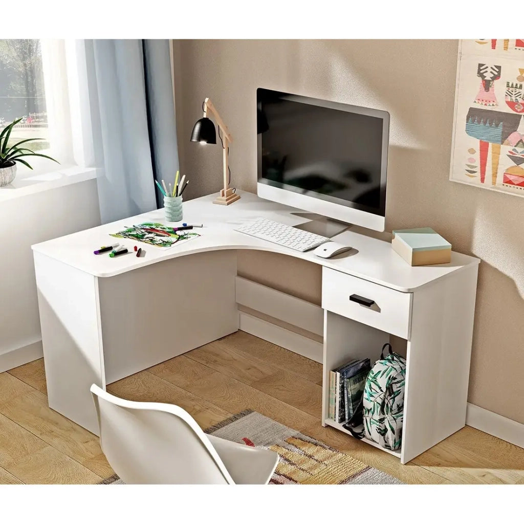 Scrivania ad angolo LOUANE - Bianco opaco - Design moderno con cassettiera e vano portaoggetti