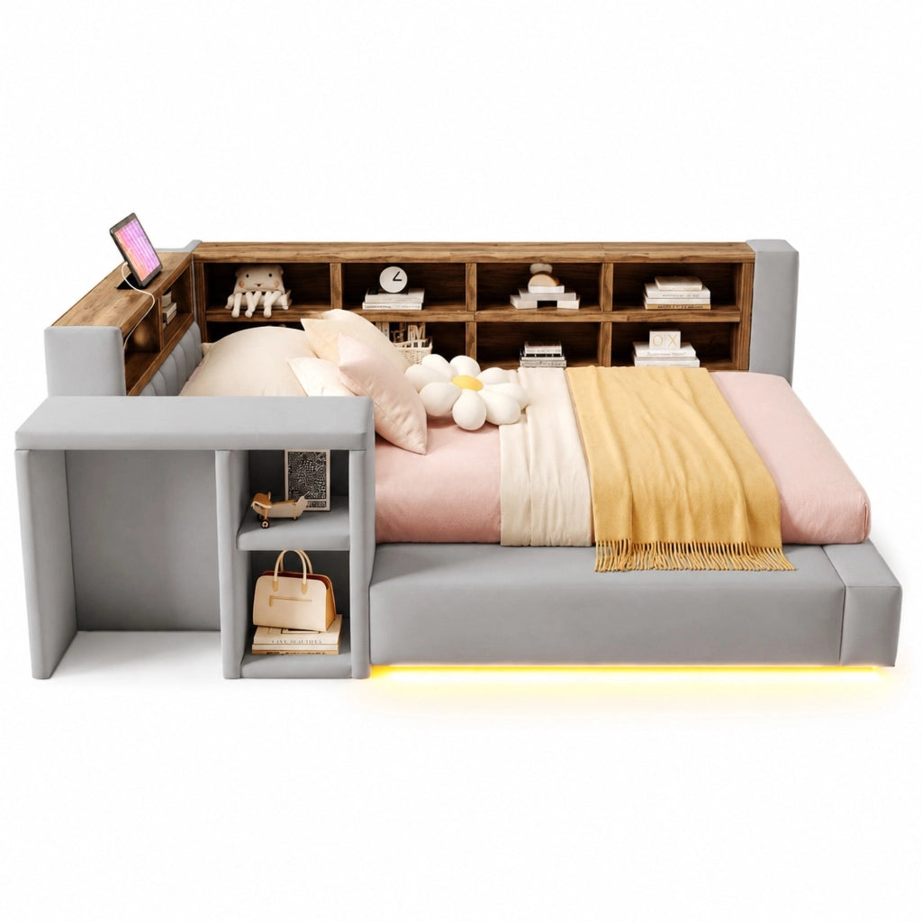Letto imbottito 90 x 200 cm con contenitore; LED e prese integrate; grigio chiaro