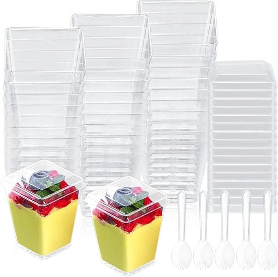 Set di Dessertiere Riciclabili 160 ml - Translucido - Servizio da Festa - Confezione da 50 - Incluso Cucchiai e Coperchi