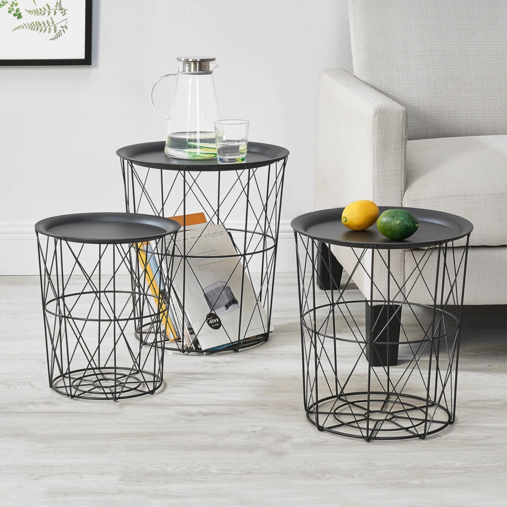 Set Worcester 3 Tavolini Contenitori in Metallo con Piano Rimovibile - Nero [en.casa]