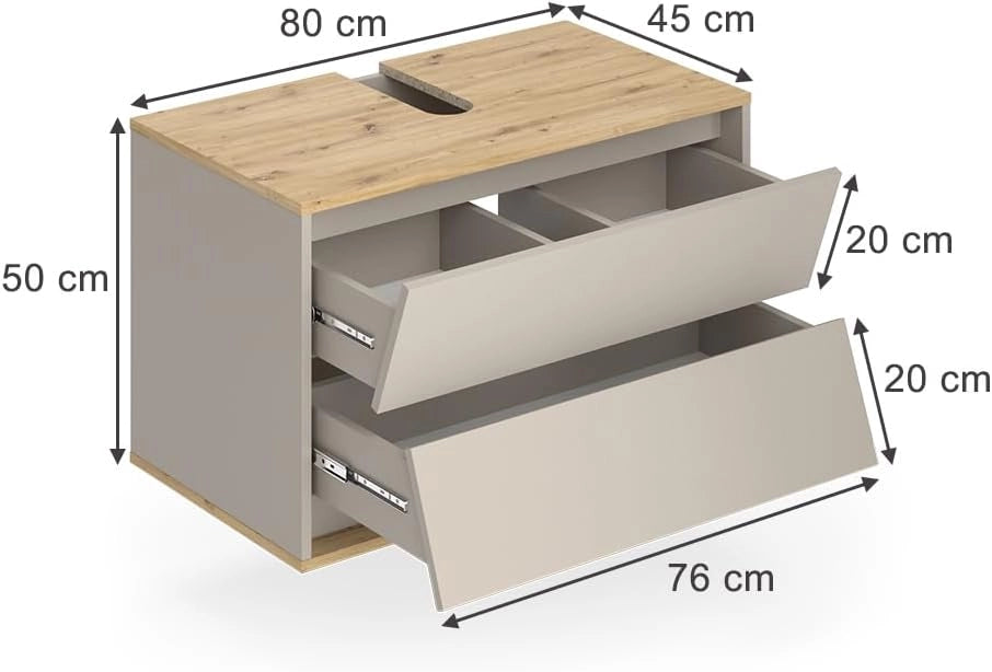 Mobile sottolavabo per bagno Edelin, Cachemire, 80 x 50 cm con 2 cassetti, per montaggio a parete e compatibile con sifoni standard
