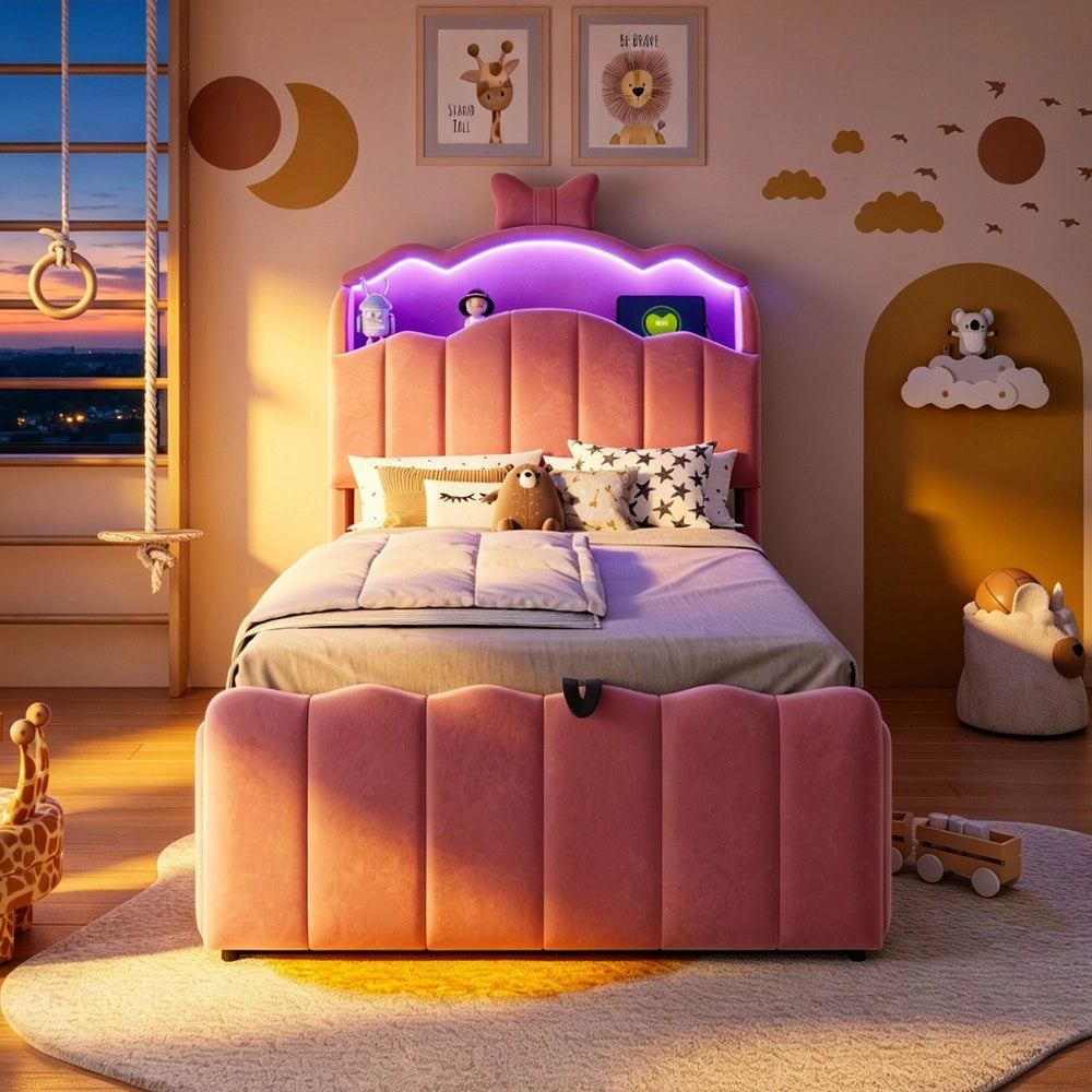 Letto imbottito per bambini con contenitore ¨C Minimal ¨C rosa velluto 90x200cm testiera led idraulico