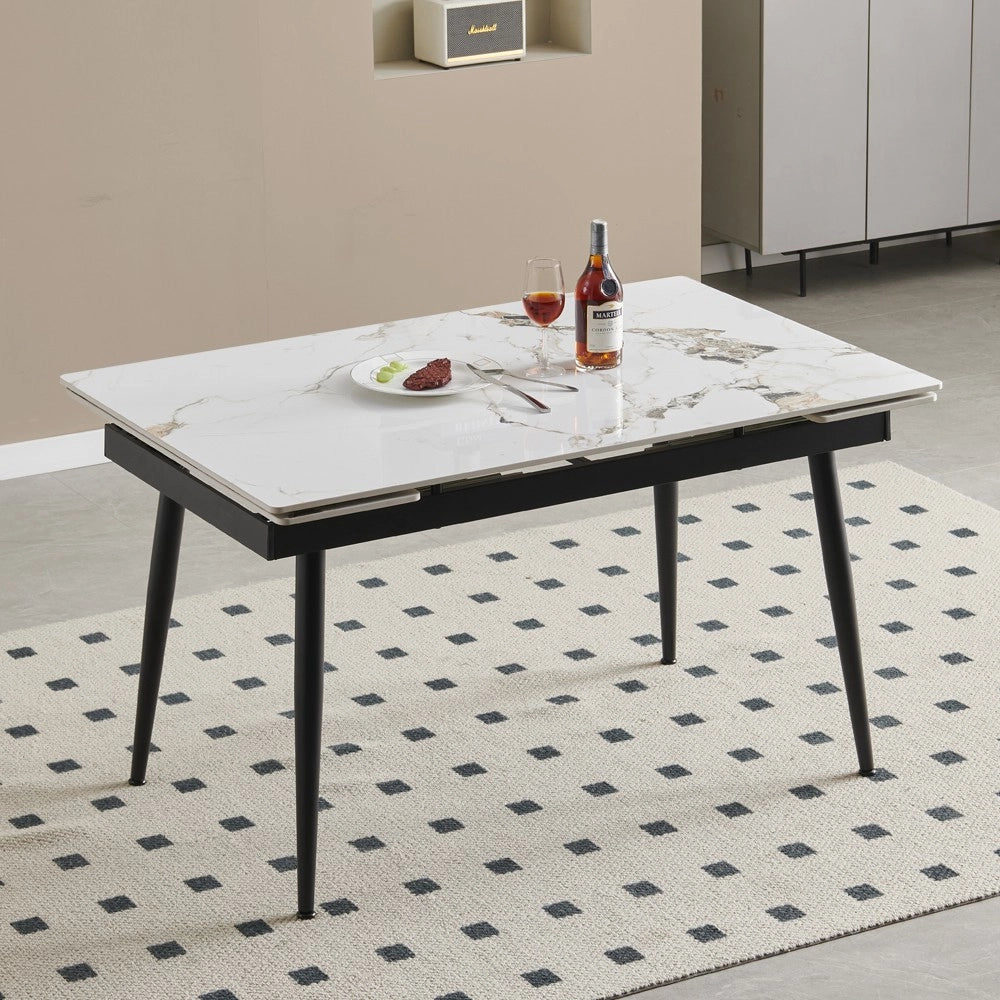 Tavolo Allungabile Expandia 120x85 con Piano in Ceramica Effetto Marmo Bianco e Gambe Nere