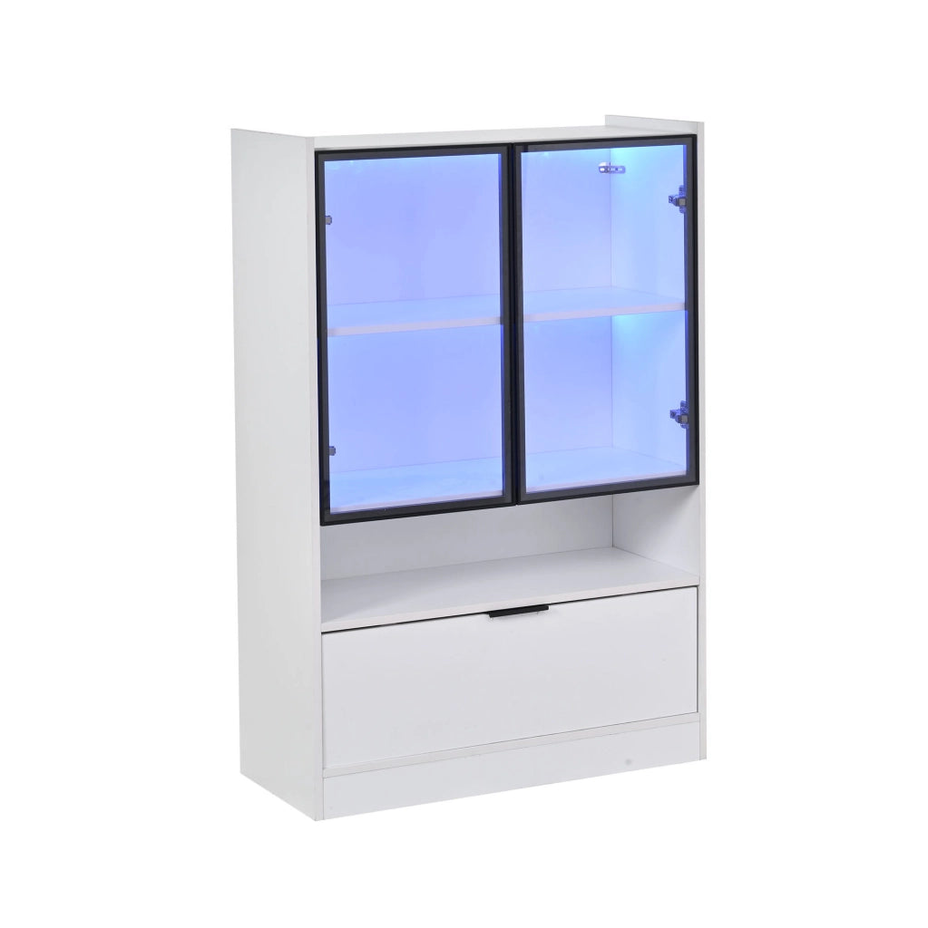 Vetrina moderna con LED 120x80x35 cm in truciolare bianco opaco e vetro temperato