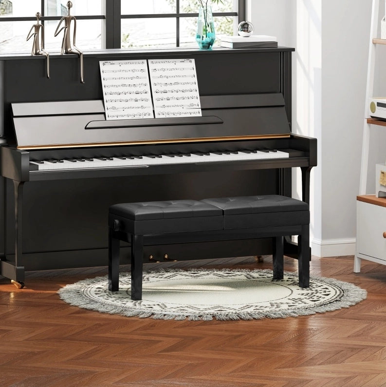 Sgabello da Piano con Contenitore 105x37x48-58 cm， Similpelle Nera