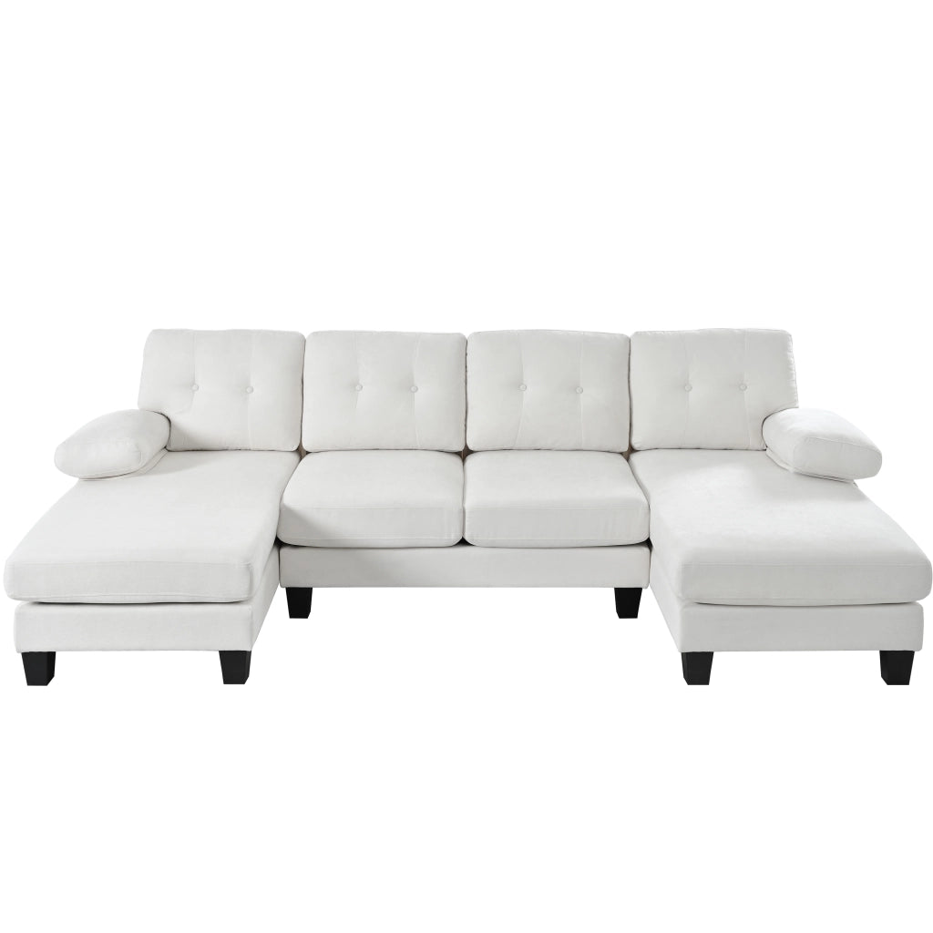 Divano a U con chaise longue bilaterale, tasche laterali e braccioli removibili in chenille beige 268 × 128 × 84 cm