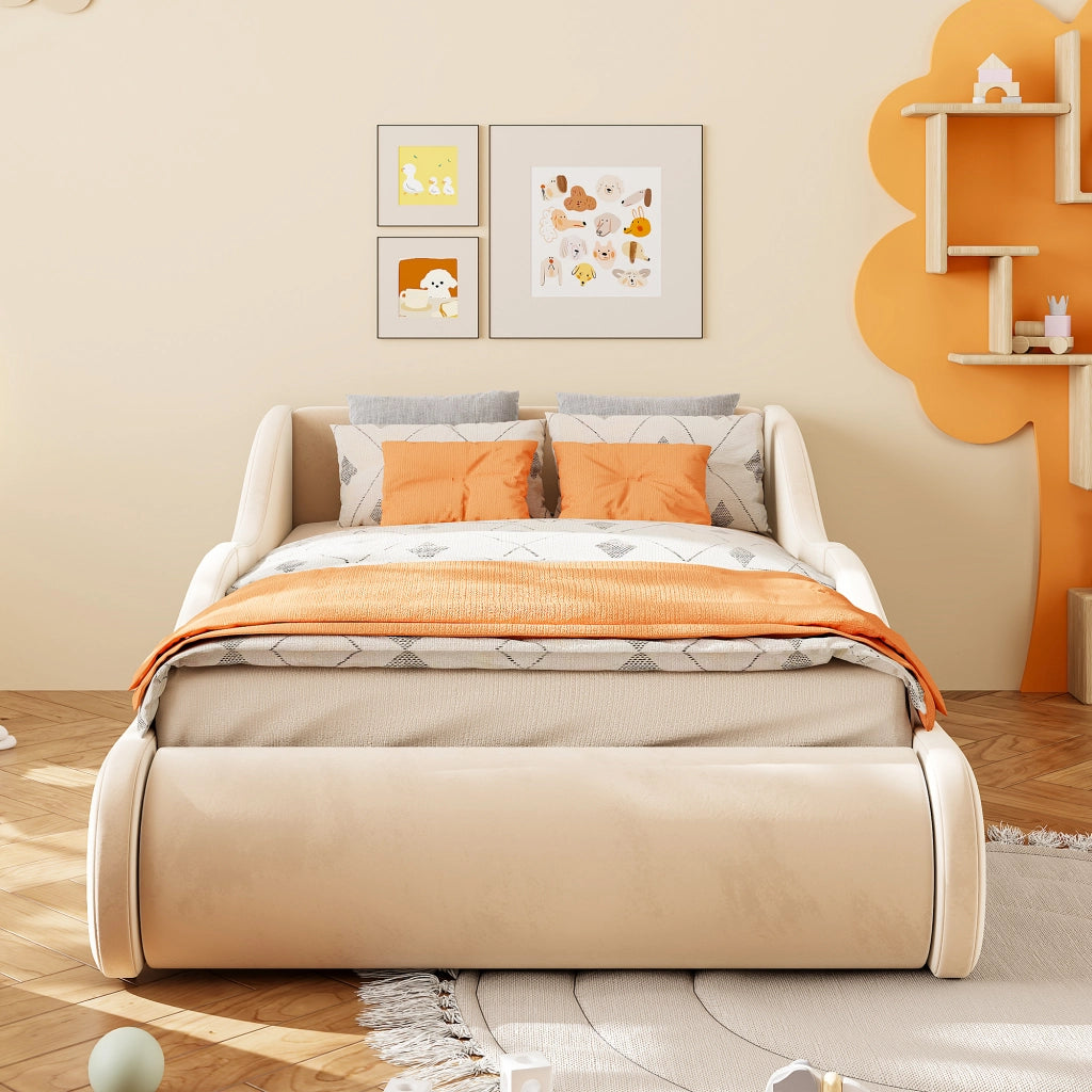 Letto imbottito 90x200 cm con sponde laterali in velluto beige