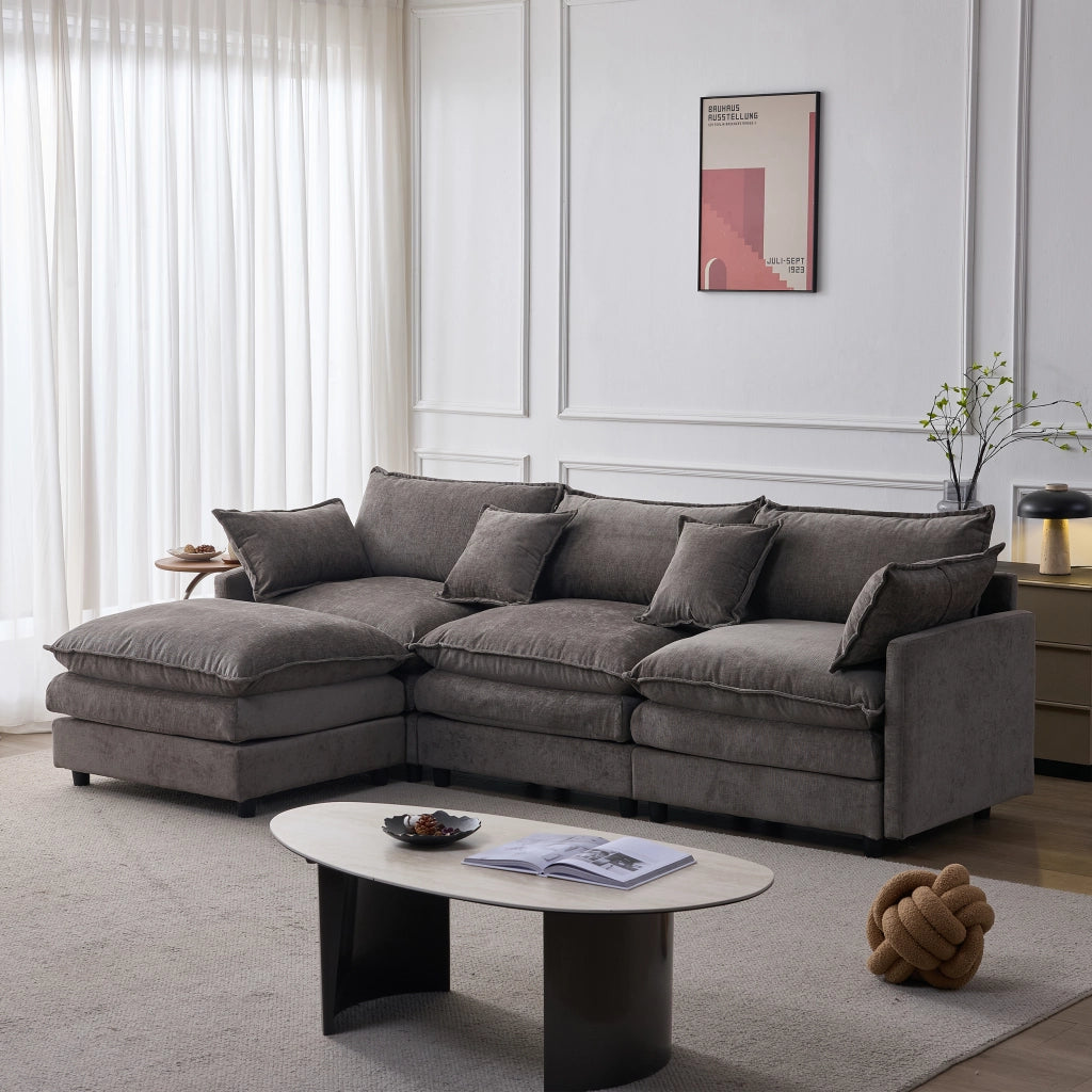Divano modulare L con pouf mobile in chenille grigia, 3 posti, seduta con molle insacchettate e schiuma