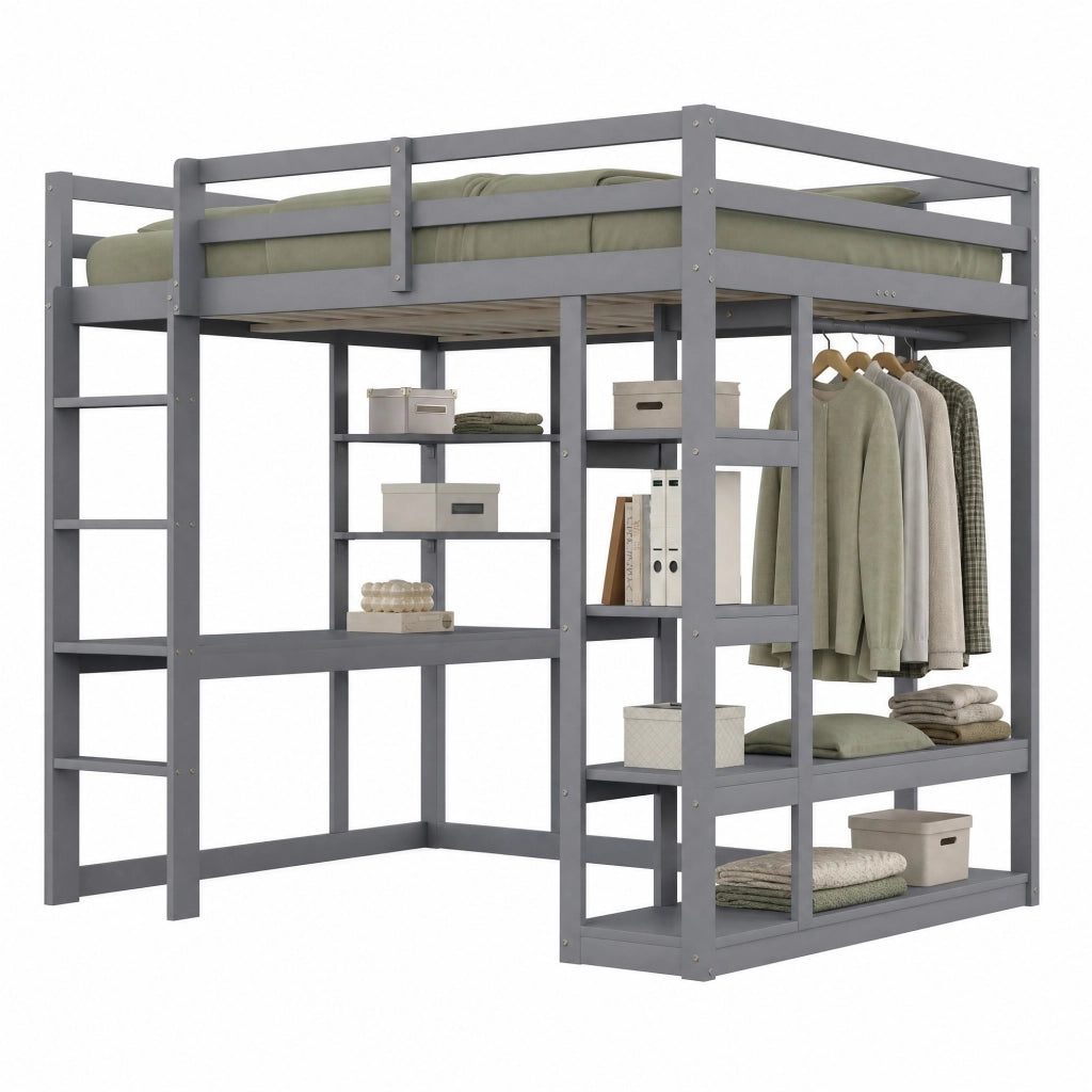 Letto a soppalco 140x200 cm in legno grigio con scrivania; armadio e ripiani