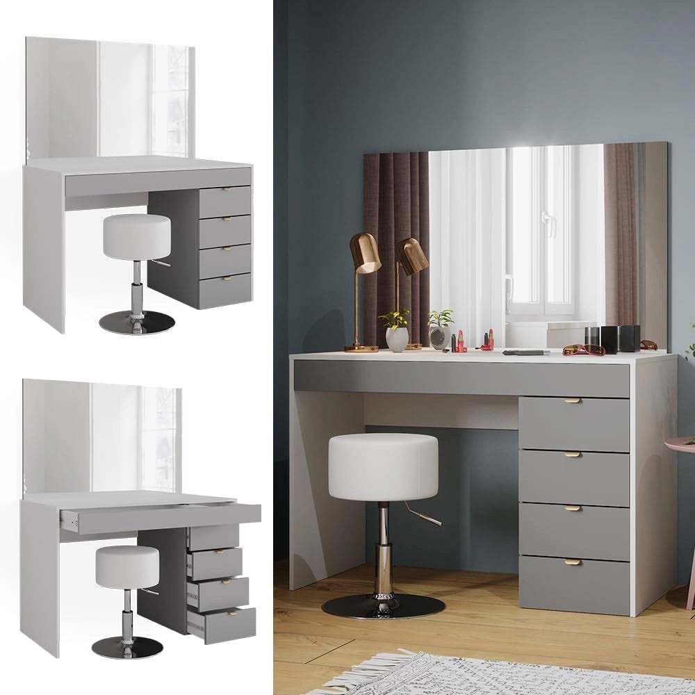 Tavolo da toeletta Elise, Bianco/grigio/grigio, 115 cm con sgabello, con sgabello regolabile in altezza e girevole a 360°