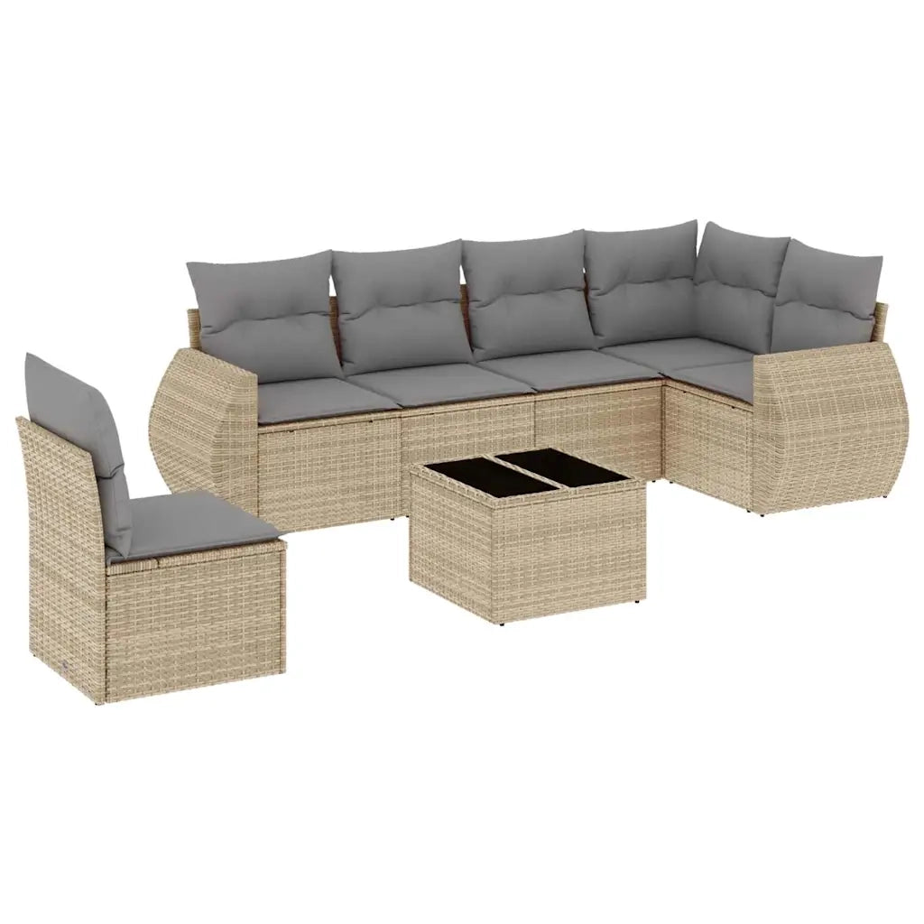 Set Divani da Giardino 7 pz con Cuscini Beige in Polyrattan