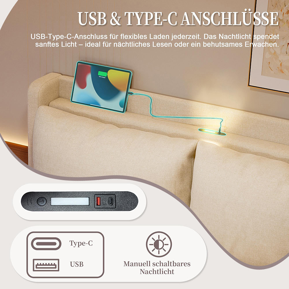 Letto a baldacchino 140x190cm - Xylo - velluto USB-C LED testiera imbottita