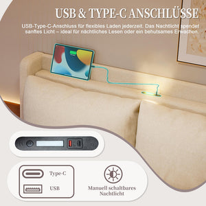 Letto a baldacchino 140x190cm - Xylo - velluto USB-C LED testiera imbottita