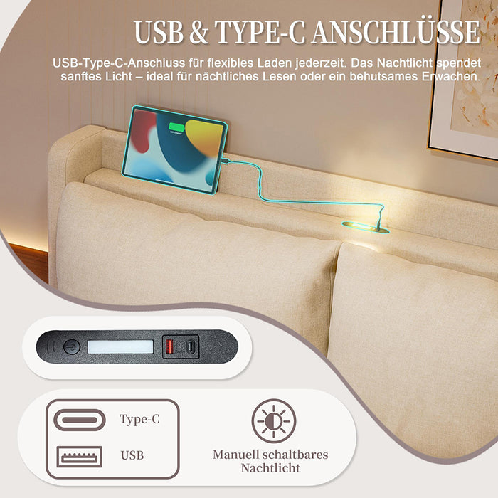 Letto a baldacchino 140x190cm - Xylo - velluto USB-C LED testiera imbottita