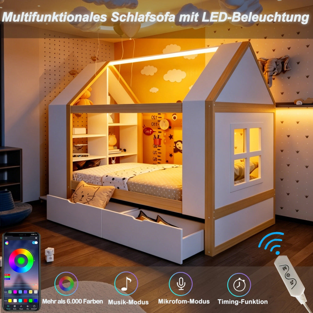 Letto a casetta 90 x 200 cm con LED, cassetti e vani contenitore