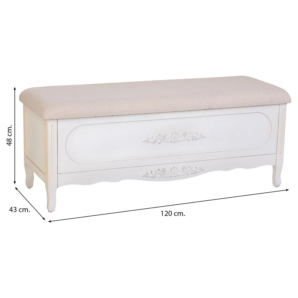 Sgabello imbottito in legno laccato bianco antico 120x43x48h cm