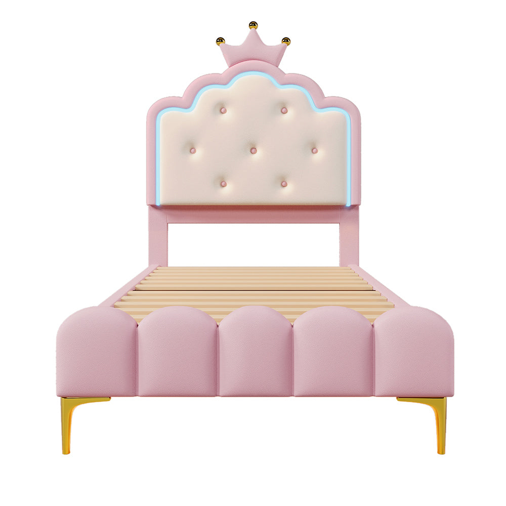 Letto imbottito principessa - Xylo - 90x200 cm - Rosa - Luci ambientali telecomando