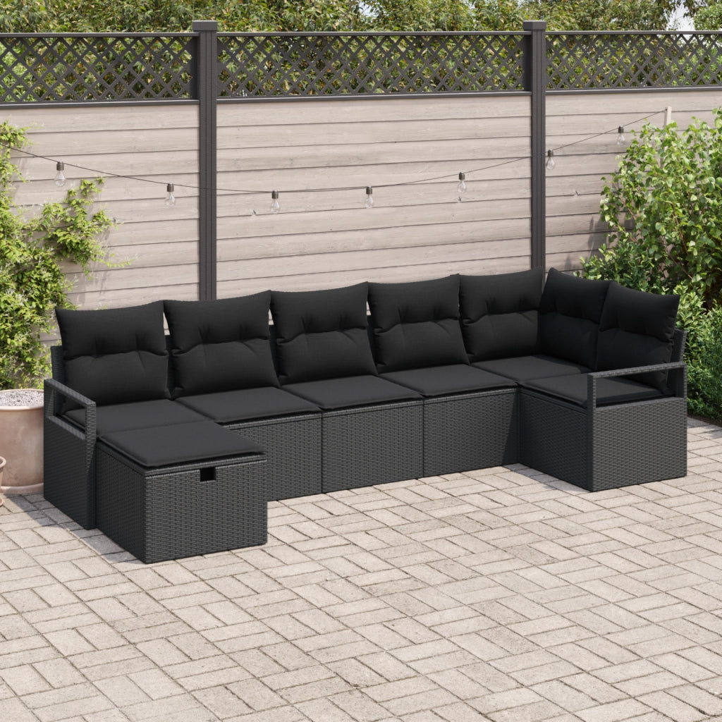 Set di divani da giardino 7 pezzi con cuscini Nero Rattan sintetico