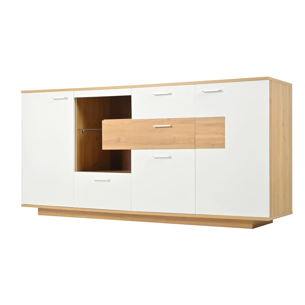 Credenza Moderna con LED ¨C Xylo ¨C Bianco, Legno, 2 Ante, 4 Cassetti, 160x40x77