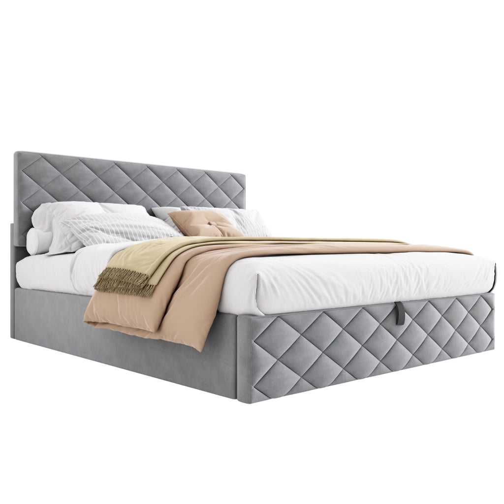Letto imbottito matrimoniale con contenitore e sollevamento idraulico 140x200 cm; velluto grigio