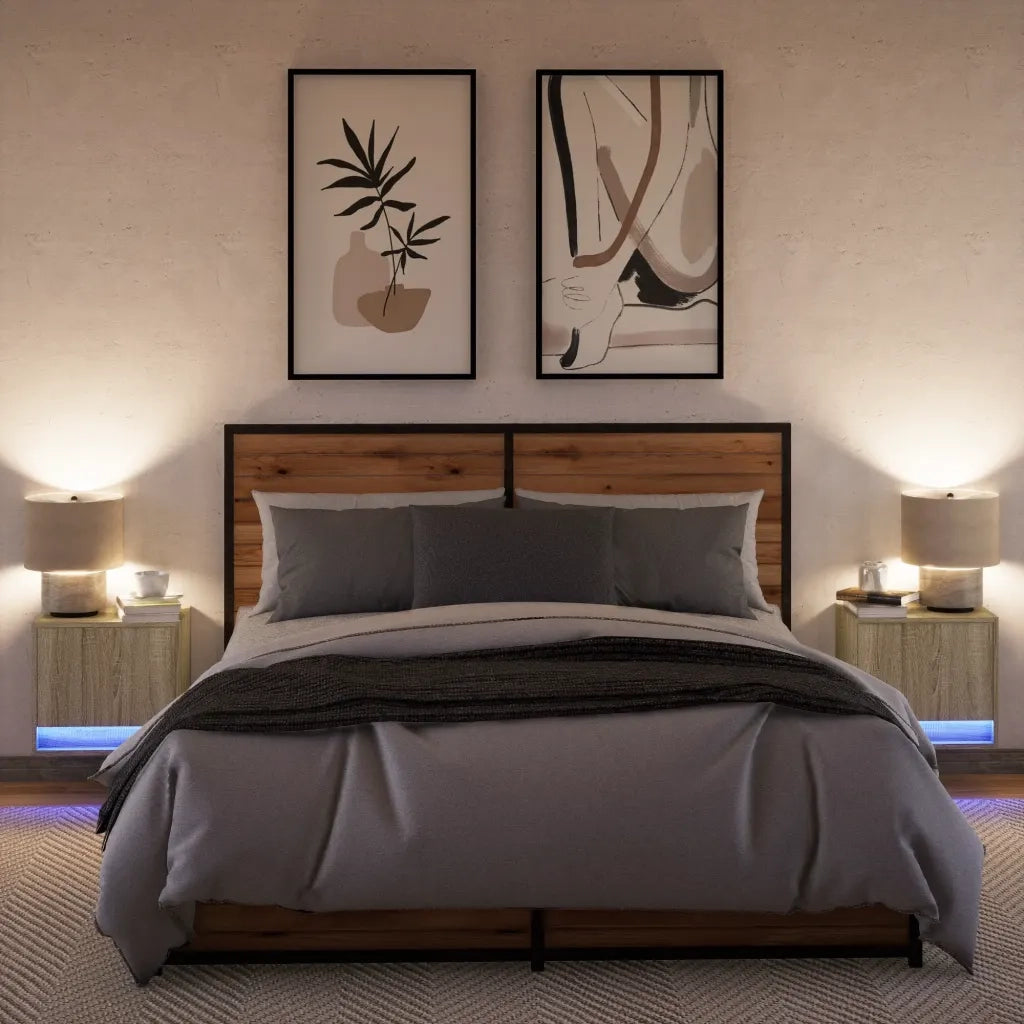 Set di 2 Comodini | Armadio da Notte | Mobiletto da notte a Parete con luci LED Rovere Sonoma