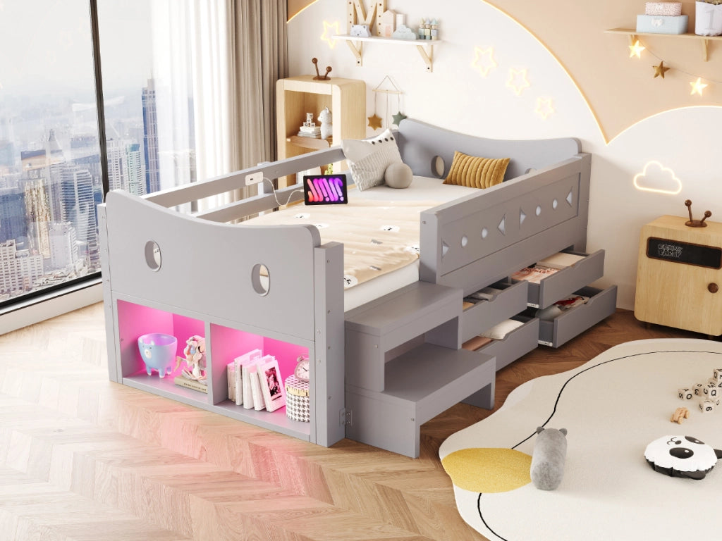 Letto per bambini 90 × 200 cm con 4 cassetti, 2 vani portaoggetti, LED, USB e Type-C, senza materasso, grigio