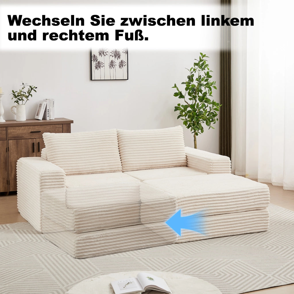 Divano letto modulare con chaise longue e pouf mobile in velluto a coste beige
