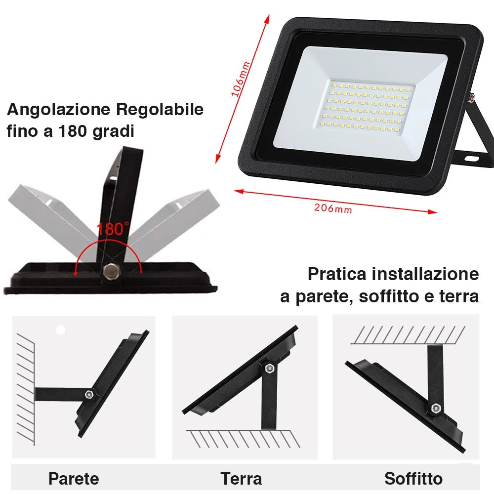 Faro Led 50W Luce Alta Luminosita 4250lm Faretto Esterno Slim Bianco Freddo IP65