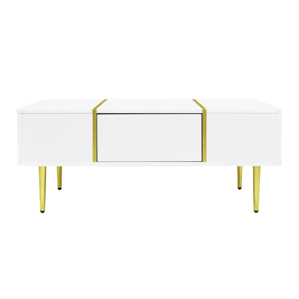 Tavolino basso con 2 cassetti finitura bianco lucido in MDF ed elementi metallici dorati 100 × 60 × 41,5 cm