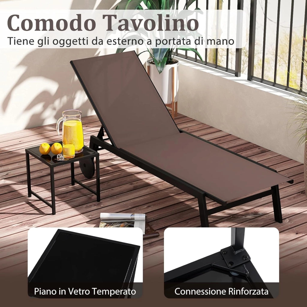 Lettino Prendisole da Giardino con Tavolino, Schienale Rgolabile 5 Livelli, 2 Ruoti, Sdraio da Patio in Tessuto Traspirante, per Piscina Terazza, Portata 150+50 kg (Marrone)