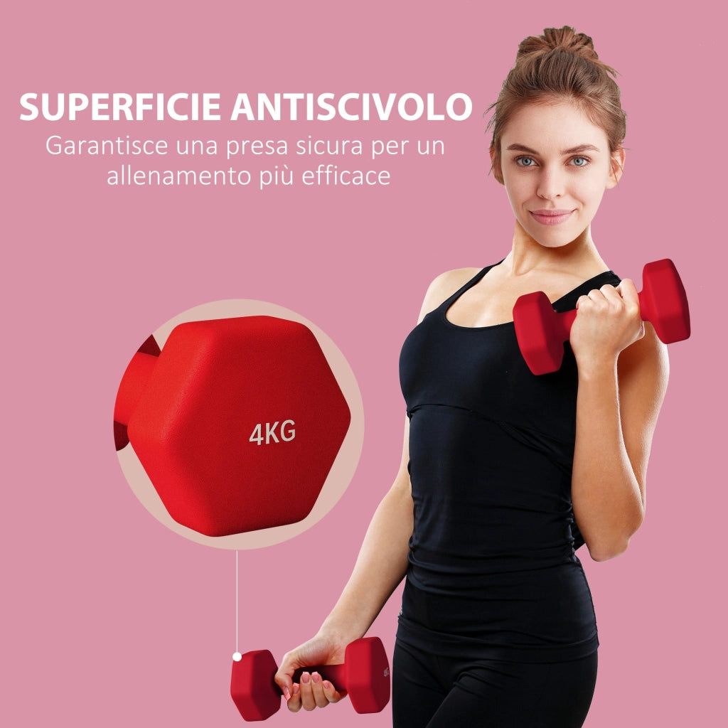 Set 2 Manubri Palestra 4 kg Pesi esagonali per Allenamento Rosso